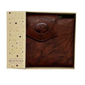 Buxton brown cowhide leather wallet ladies bifold with kiss lock coin pocket NIB